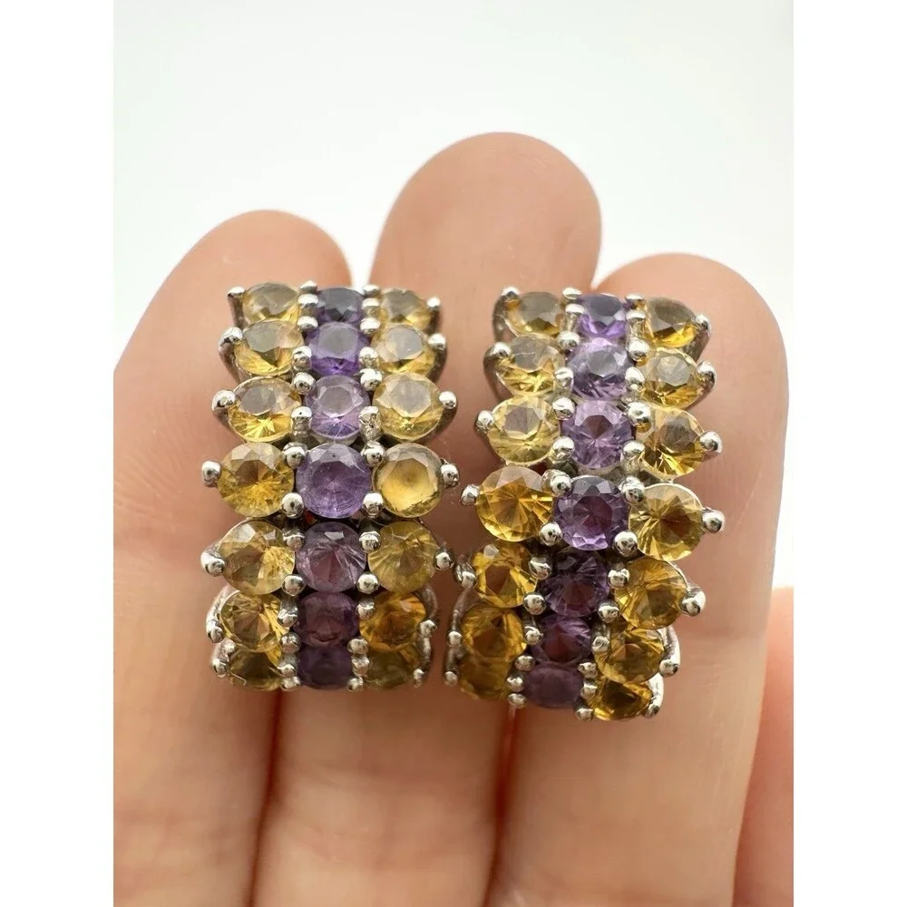 925 Sterling Silver Citrine Amethyst Earrings Half Hoop Post